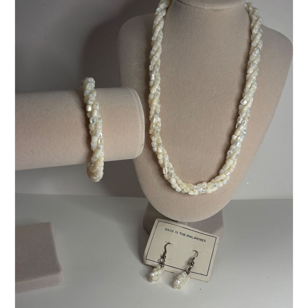 Mother of Pearl Twist Necklace 17" Bracelet Earrings Set Cream Philippines